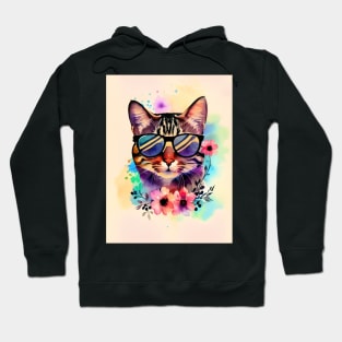 Cool Cat with Sunglasses Watercolor Flowers Kitty Hoodie